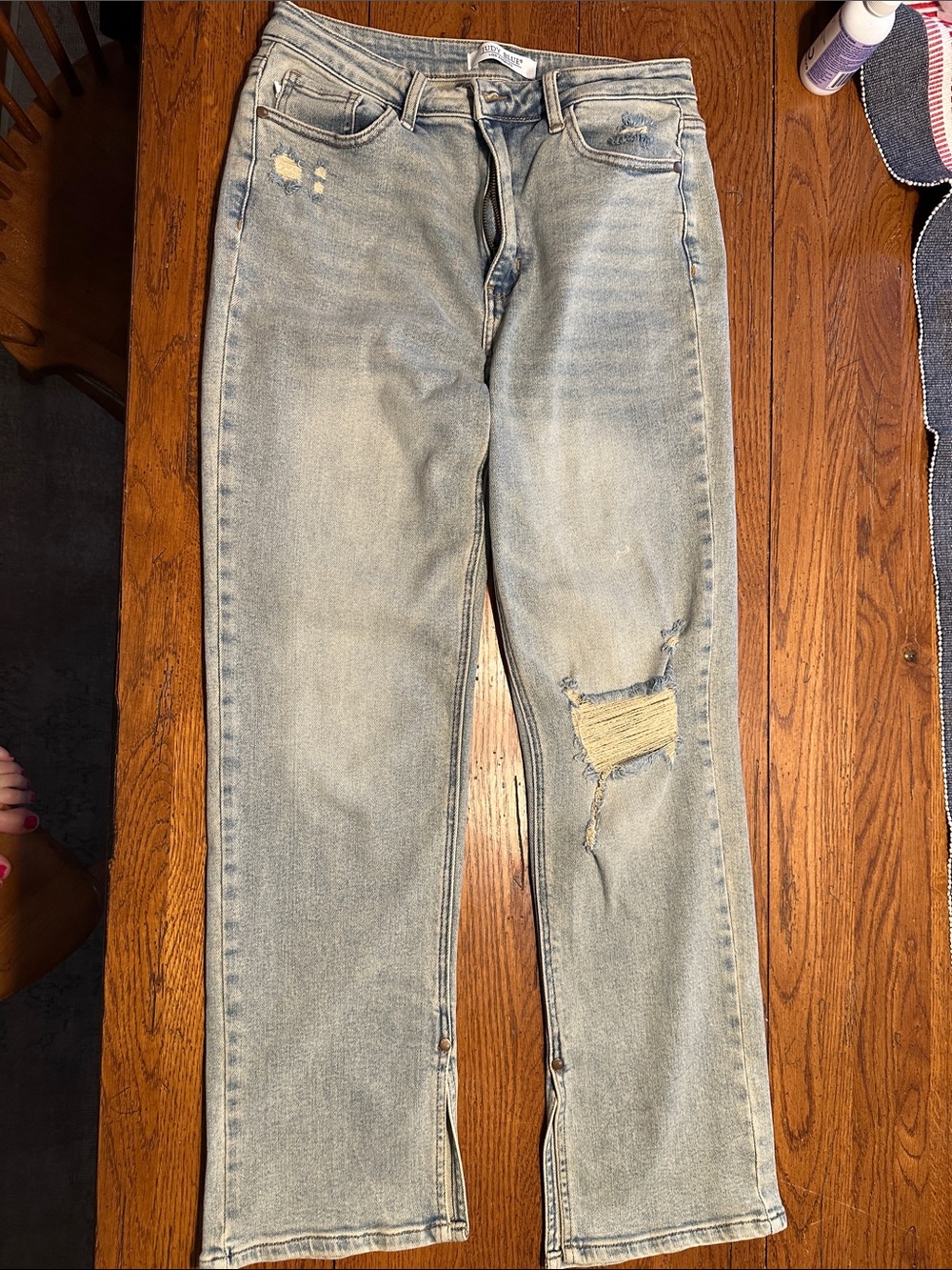 Judy Blue Light wash, straight leg, Distressed Jeans with split hem